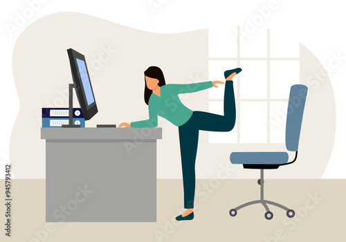 Employee doing stretching or small exercise at workplace to get rest and relaxation. Removing tension and muscle soreness character in flat design.