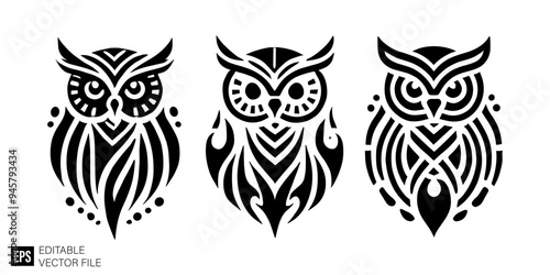 set of owl tribal tattoo graphic design vector clip art black and white silhouette templates