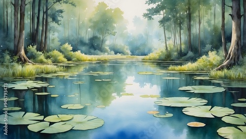 Aquarell Landschaft - Waldsee mit Seerosenblättern