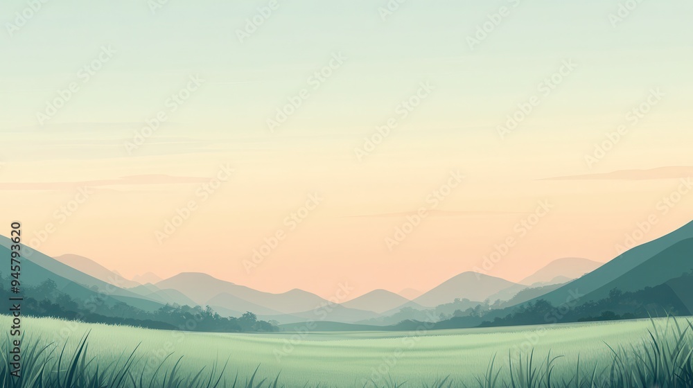 Serene Mountain Landscape with Green Grass Field and Pastel Sky at Sunset. Serene Mountain Landscape with Green Grass Field and Pastel Sky at Sunset.