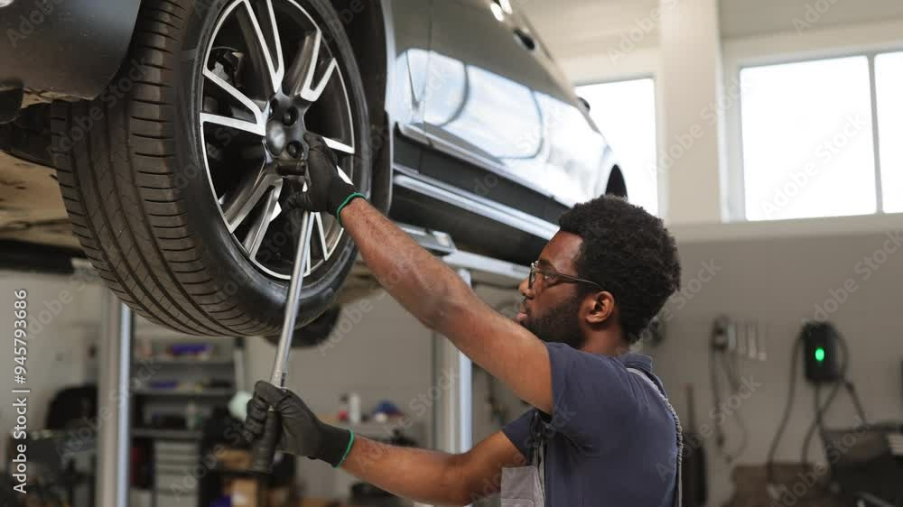 Smiling mechanic using wrench to repair car wheel in modern garage. Professional technician working on vehicle maintenance. Handsome young man wearing glasses engaging in automotive repair. Smiling mechanic using wrench to repair car wheel in modern garage. Professional technician working on vehicle maintenance. Handsome young man wearing glasses engaging in automotive repair.