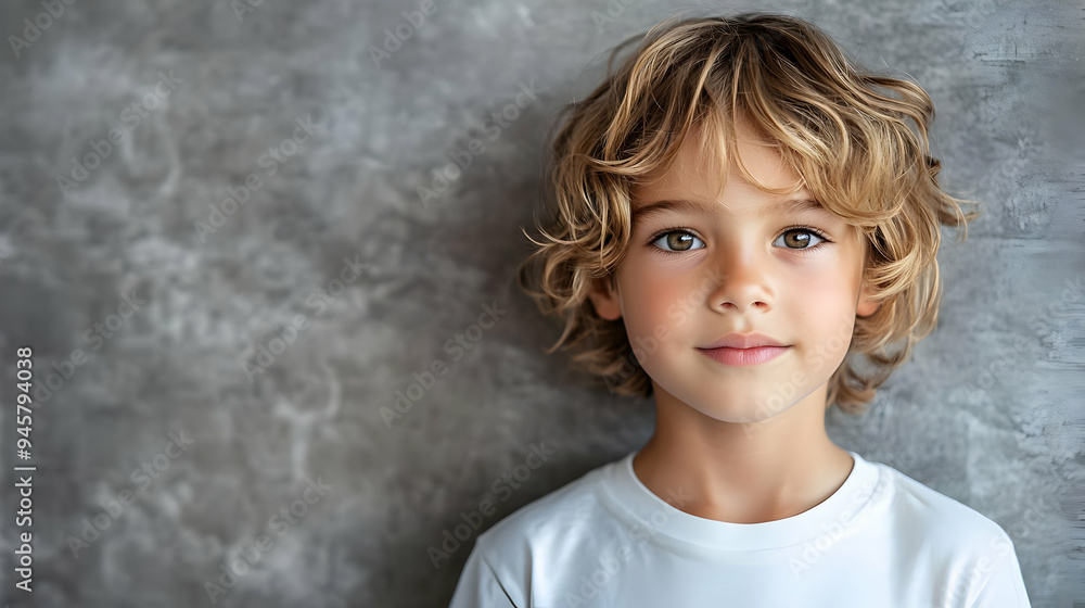 Naklejka premium Portrait of a Young Boy with Curly Hair and Bright Eyes