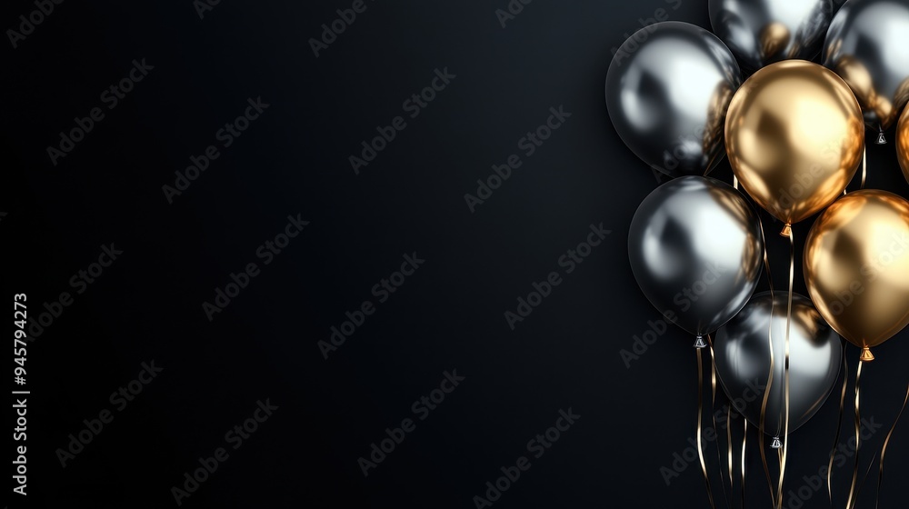 Black Background with Gold and Silver Balloons and Ribbons for Celebration, Party, or Event. Black Background with Gold and Silver Balloons and Ribbons for Celebration, Party, or Event.