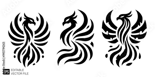 set of phoenix tribal tattoo graphic design vector clip art black and white silhouette templates
