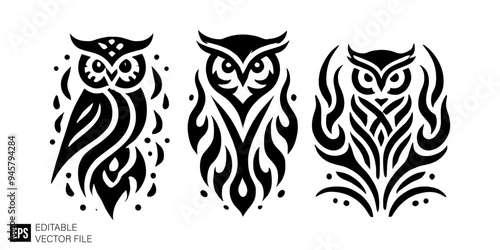 set of owl tribal tattoo graphic design vector clip art black and white silhouette templates