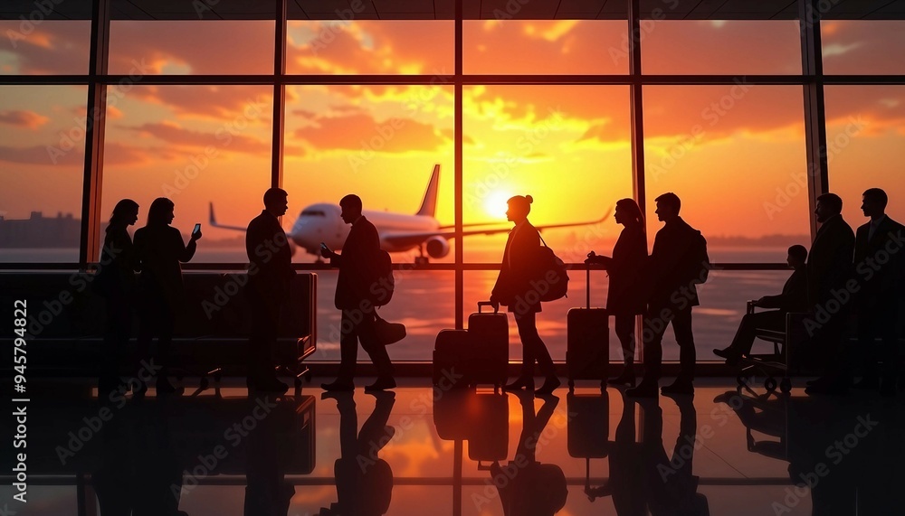 Silhouetted passengers wait by an airport window as a sunset-lit airliner prepares for departure.
Silhouetted passengers wait by an airport window as a sunset-lit airliner prepares for departure.