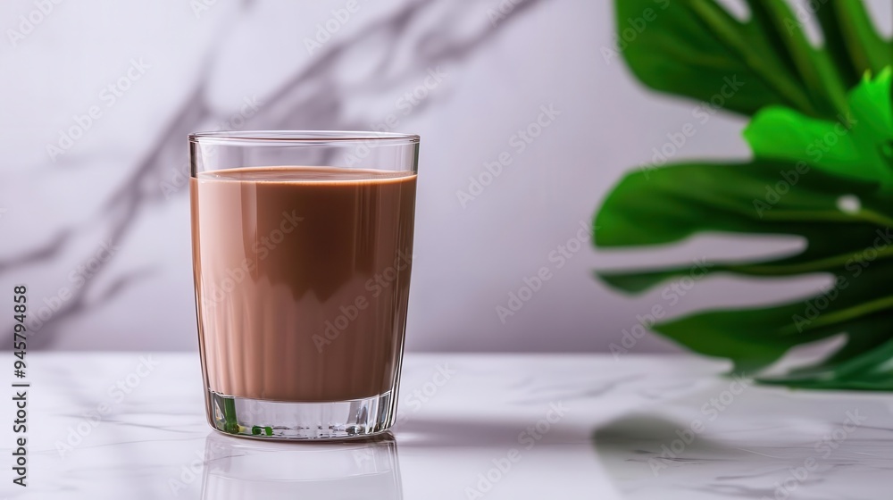A refreshing glass of chocolate beverage sits on a marble surface, complemented by green foliage in the background. A refreshing glass of chocolate beverage sits on a marble surface, complemented by green foliage in the background.