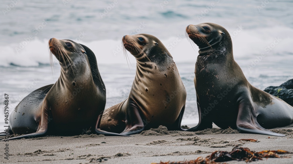 Naklejka premium Three sea lions sit attentively on a sandy beach, gazing towards the ocean with the waves crashing behind them.