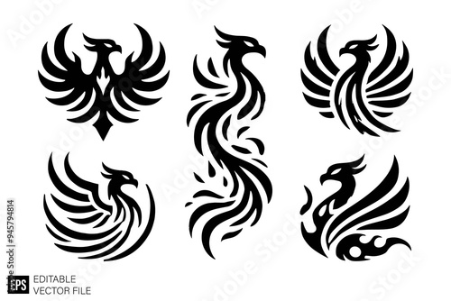 set of phoenix tribal tattoo graphic design vector clip art black and white silhouette templates