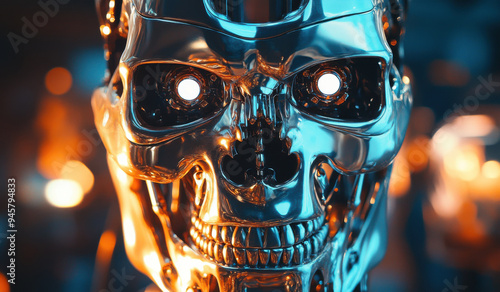 Close-up of a robot skull made from chrome and gold, with glowing eyes, cinematic lighting, bokeh effect, dark background, rim lighting, depth of field