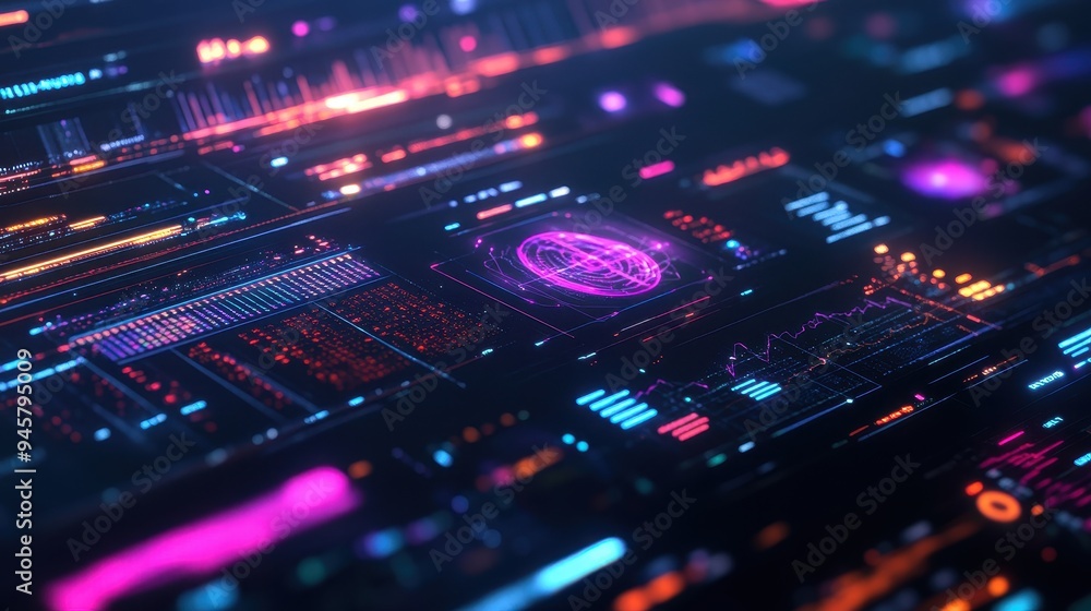Futuristic Digital Interface with Neon Lights and Data Visualization. Futuristic Digital Interface with Neon Lights and Data Visualization.