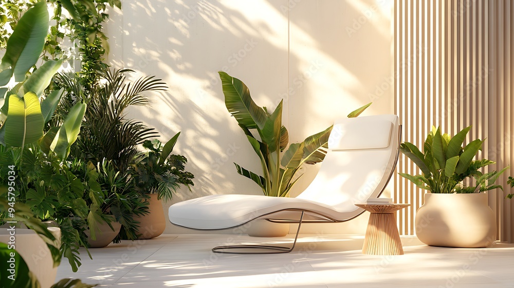 White Lounger and Plants in a Minimalist Setting White Lounger and Plants in a Minimalist Setting