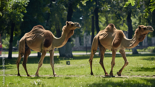 Two Camels Grazing Peacefully in a Lush Green Field Under the Bright Sunlight - Capturing the Serene and Majestic Beauty of These Desert Animals in a Natural Setting