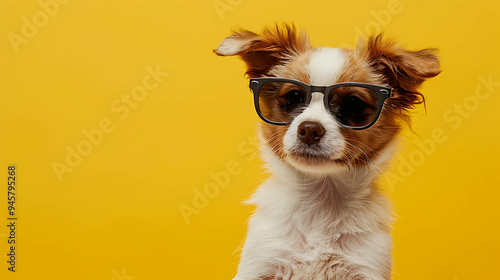 Cute dog wearing sunglasses against a yellow background.