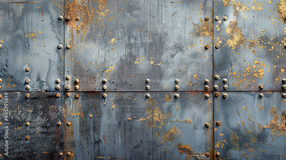 A close-up of an aged, weathered metal wall