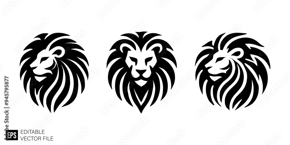 set of lion head graphic design vector clip art black and white silhouette templates set of lion head graphic design vector clip art black and white silhouette templates