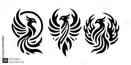 set of phoenix tribal tattoo graphic design vector clip art black and white silhouette templates