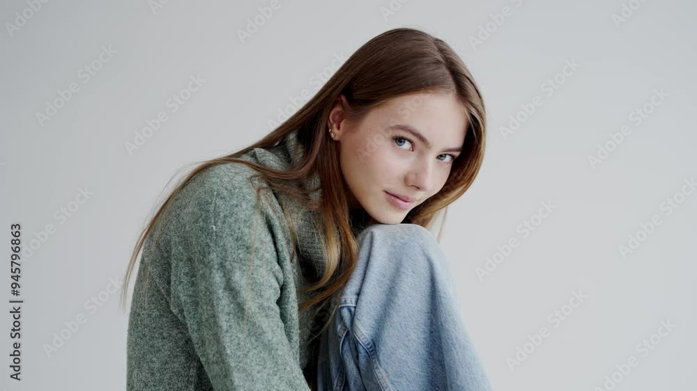 Portrait of a young woman dressed in a cozy green sweater and denim jacket, smiling gently. Young Woman in Cozy Sweater Looking Thoughtfully at Camera Portrait of a young woman dressed in a cozy green sweater and denim jacket, smiling gently. Young Woman in Cozy Sweater Looking Thoughtfully at Camera