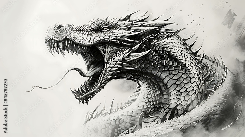 A detailed, black and white illustration of a dragon's head with an open mouth, showcasing its sharp teeth. A detailed, black and white illustration of a dragon's head with an open mouth, showcasing its sharp teeth.