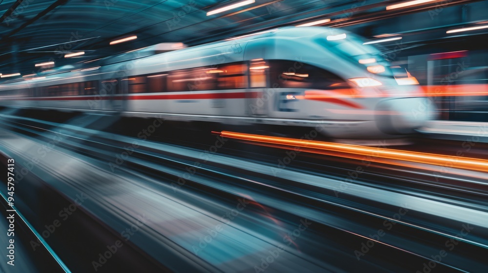 A high-speed train blurs past a station under blue lights, showcasing the essence of rapid modern transportation. A high-speed train blurs past a station under blue lights, showcasing the essence of rapid modern transportation.