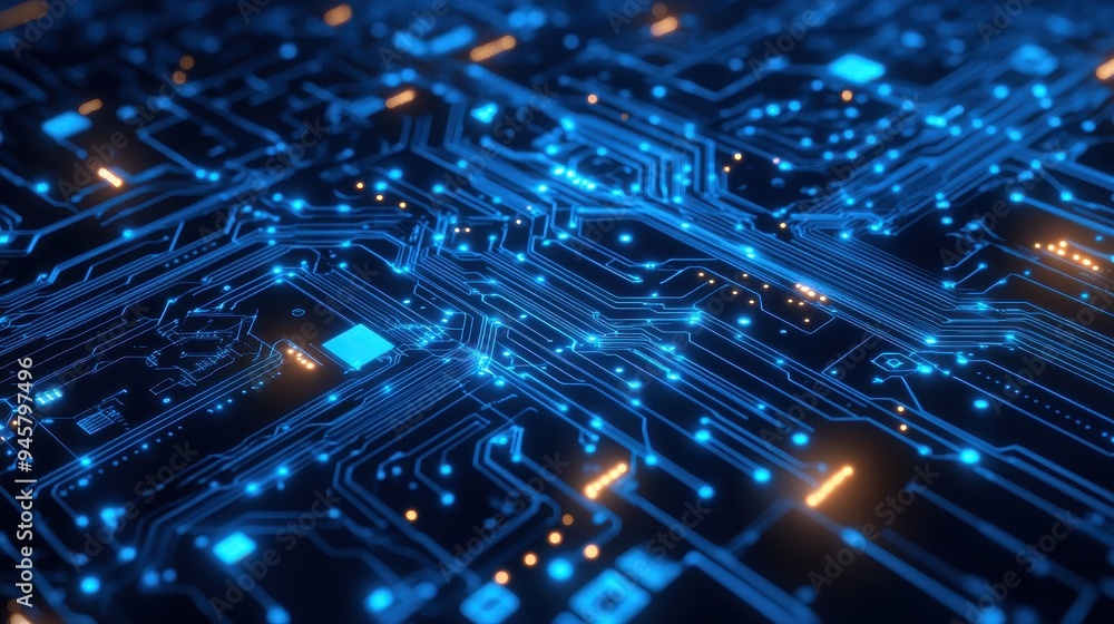 Obraz premium Abstract Blue Circuit Board with Glowing Lines and Orange Dots - Technology Background.