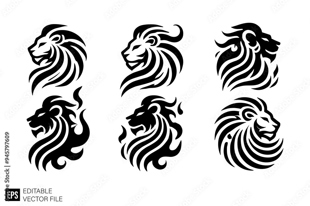 set of lion head graphic design vector clip art black and white silhouette templates set of lion head graphic design vector clip art black and white silhouette templates