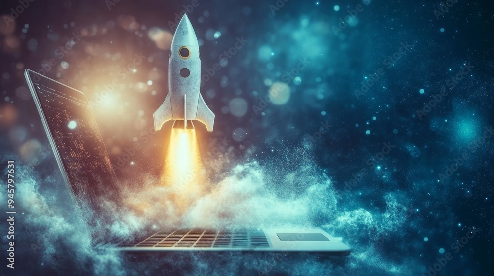A rocket blasts off from a laptop screen, symbolizing the fusion of technology and creativity A rocket blasts off from a laptop screen, symbolizing the fusion of technology and creativity