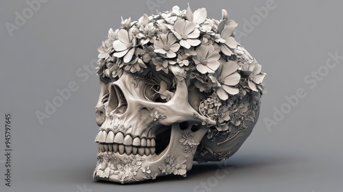 A Human Skull Covered in Delicate White Flowers photo