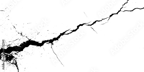  cracked ground, ground distress texture, damage texture. Black grunge effect on white background.