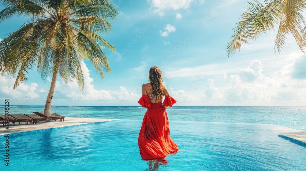 Luxury beach vacation in tropical beach hotel. Tourist woman in red dress relax near blue swimming pool in modern resort. Female traveler on sea vacation Luxury beach vacation in tropical beach hotel. Tourist woman in red dress relax near blue swimming pool in modern resort. Female traveler on sea vacation