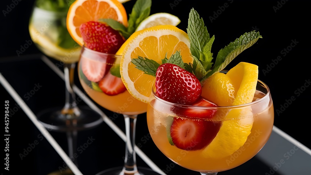 Close up view of summer fresh cocktails with mint and citrus pieces isolated on black Close up view of summer fresh cocktails with mint and citrus pieces isolated on black