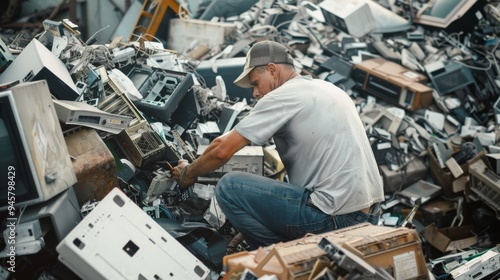 Man sifting through a heap of old electronics at a recycling facility, methodically picking out components amidst the chaotic pile.