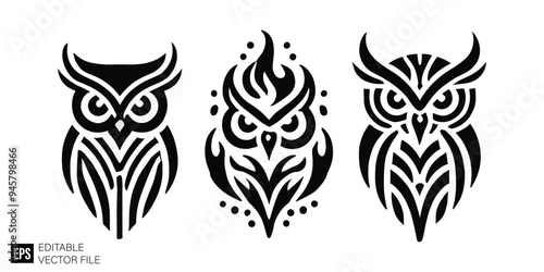 set of owl tribal tattoo graphic design vector clip art black and white silhouette templates