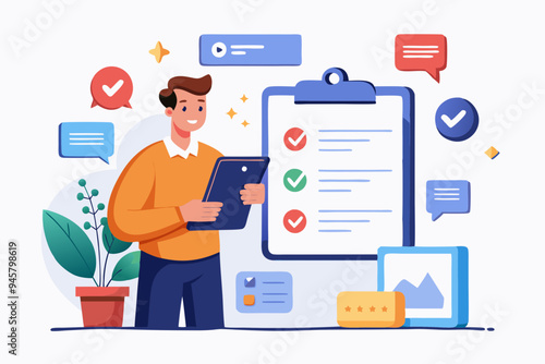 Customer survey, feedback to improve service, online and offline survey, review or poll rating, user satisfaction report or questionnaire concept, man with survey on clipboard paper, mobile and email.