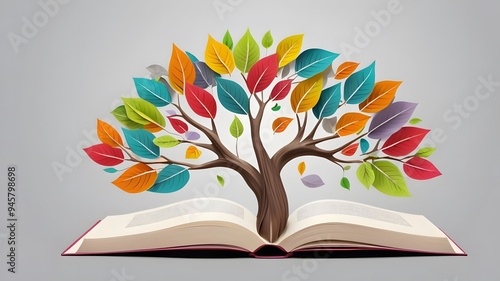 book with tree. Colorful tree with seasonal leaves sprouting from an open book