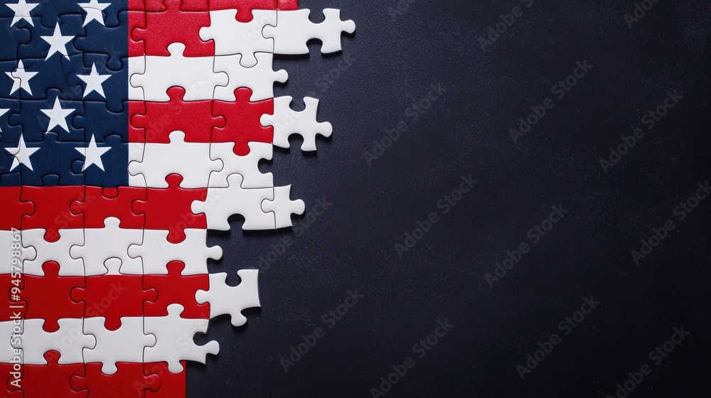 Fototapeta premium A creative puzzle piece pattern representing the American flag on a dark background, symbolizing unity and patriotism.