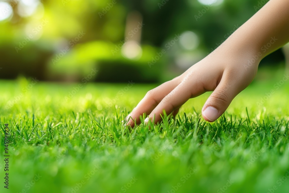 A close-up of a hand touching lush green grass and emphasizing the texture and health of the lawn A close-up of a hand touching lush green grass and emphasizing the texture and health of the lawn
