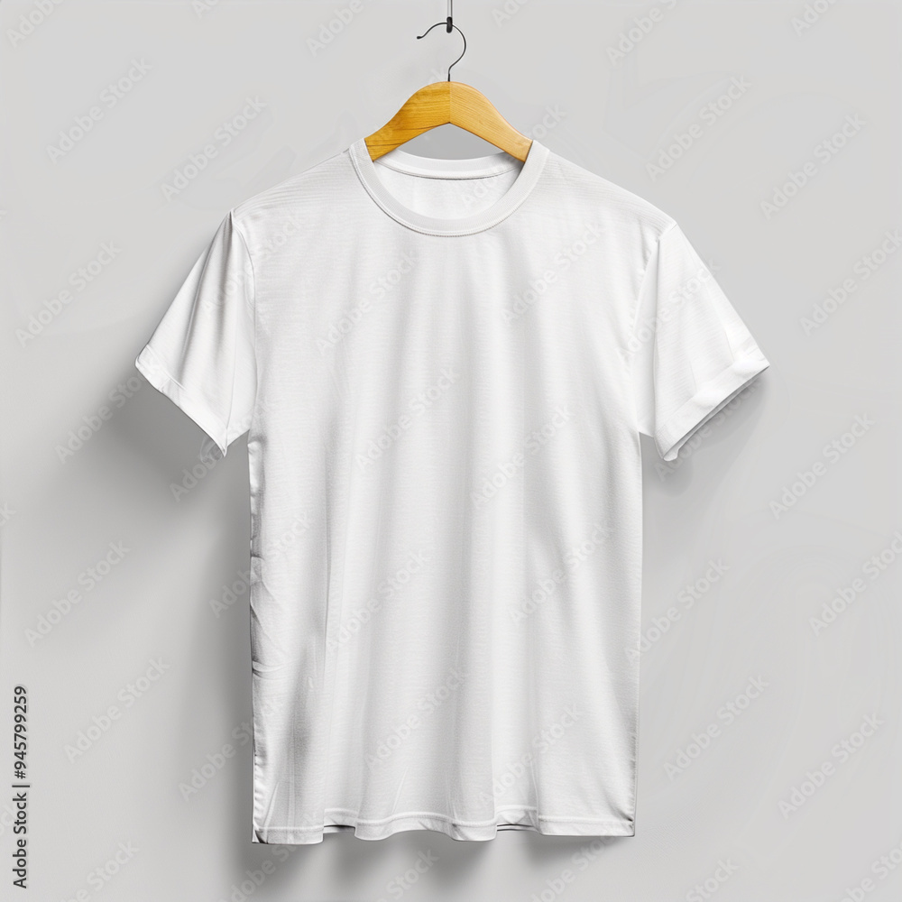 Plain White T Shirt on Wooden Hanger Against Grey Background Plain White T Shirt on Wooden Hanger Against Grey Background