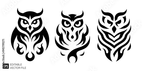 set of owl tribal tattoo graphic design vector clip art black and white silhouette templates