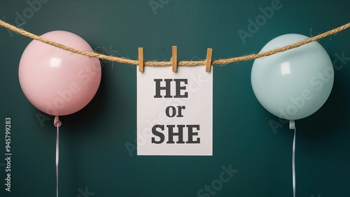 Gender Reveal Party Decor
Description: A festive gender reveal party setup featuring a pink and blue balloon on either side of a string with a card that reads 