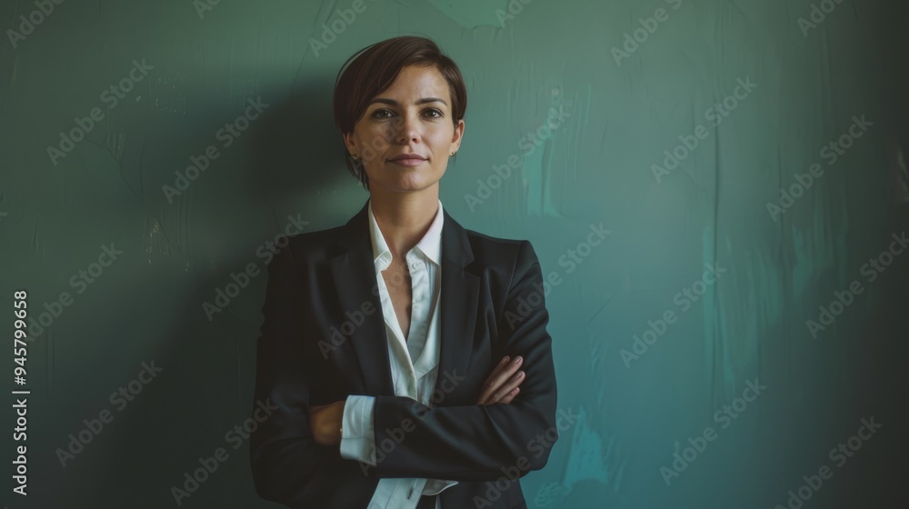 A professional woman in a business suit, crossing her arms and standing before a textured green wall, conveying confidence and authority. A professional woman in a business suit, crossing her arms and standing before a textured green wall, conveying confidence and authority.