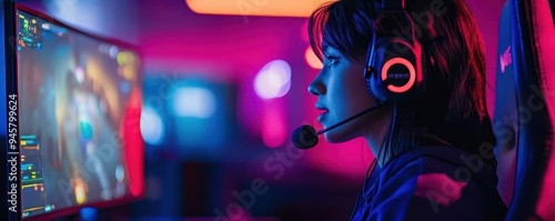 A focused gamer engages in an immersive gameplay experience, illuminated by colorful lights and wearing a headset.