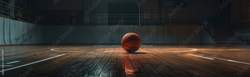 A lone basketball rests on the center circle of a wooden court in a modern sports gym. The dim lighting creates a sense of anticipation and focus, emphasizing the importance of the game. The empty cou A lone basketball rests on the center circle of a wooden court in a modern sports gym. The dim lighting creates a sense of anticipation and focus, emphasizing the importance of the game. The empty cou