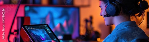 A focused individual wearing a headset, engaged in digital art creation on a tablet in a colorful, tech-inspired setting.