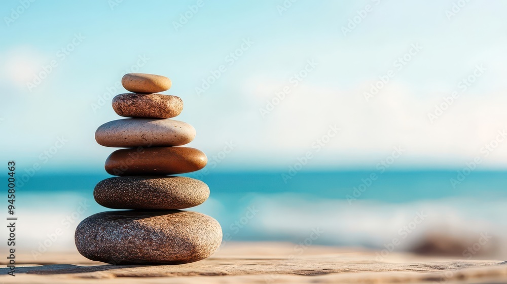 Balanced stack of smooth pebbles with ocean in the background, representing tranquility, balance, and mindfulness in nature. Balanced stack of smooth pebbles with ocean in the background, representing tranquility, balance, and mindfulness in nature.