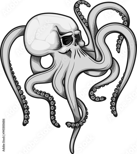 Octopus skull tattoo with tentacles in sketch doodle for death art, vector emblem. Underwater octopus or kraken monster with skeleton skull for bikers club or hard rock music band badge or t shirt