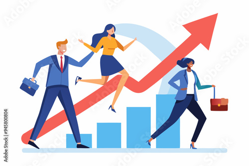 Leadership development, team success or motivation to lead team to reach goal, improvement or progress, growing together concept, businessman and woman team holding hand walk up rising growth arrow
