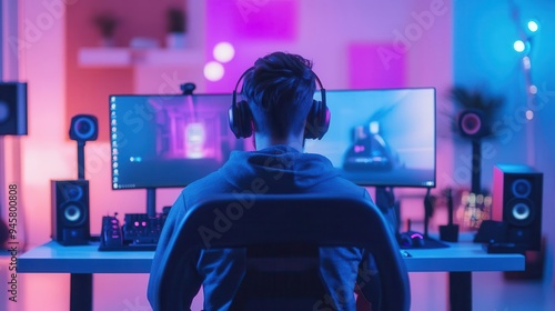 A gamer immersed in a colorful setup, wearing headphones and focused on dual monitors displaying vibrant graphics.
