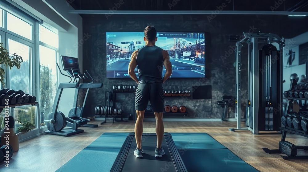 Fototapeta premium A man exercises on a treadmill while engaged with a virtual fitness program in a modern gym setting.