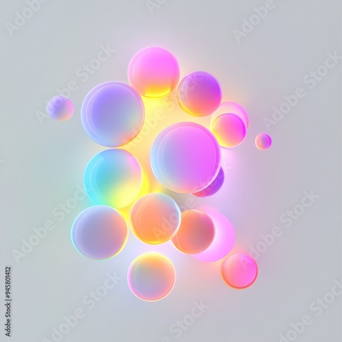 Fluorescent circles of varying sizes, floating in a white background, each emitting a bright neon glow, minimalist, digital illustration.